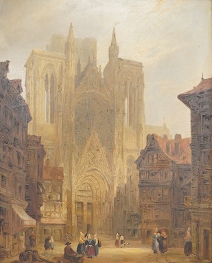 A 19th century, Continental school, ‘Rouen cathedral’, unsigned, oil on board, 51 x 40cm, ornate gilt frame
